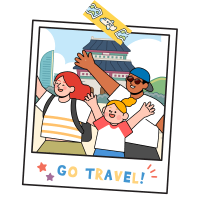 A polaroid of a happy trip. Below, it says 'go travel!'