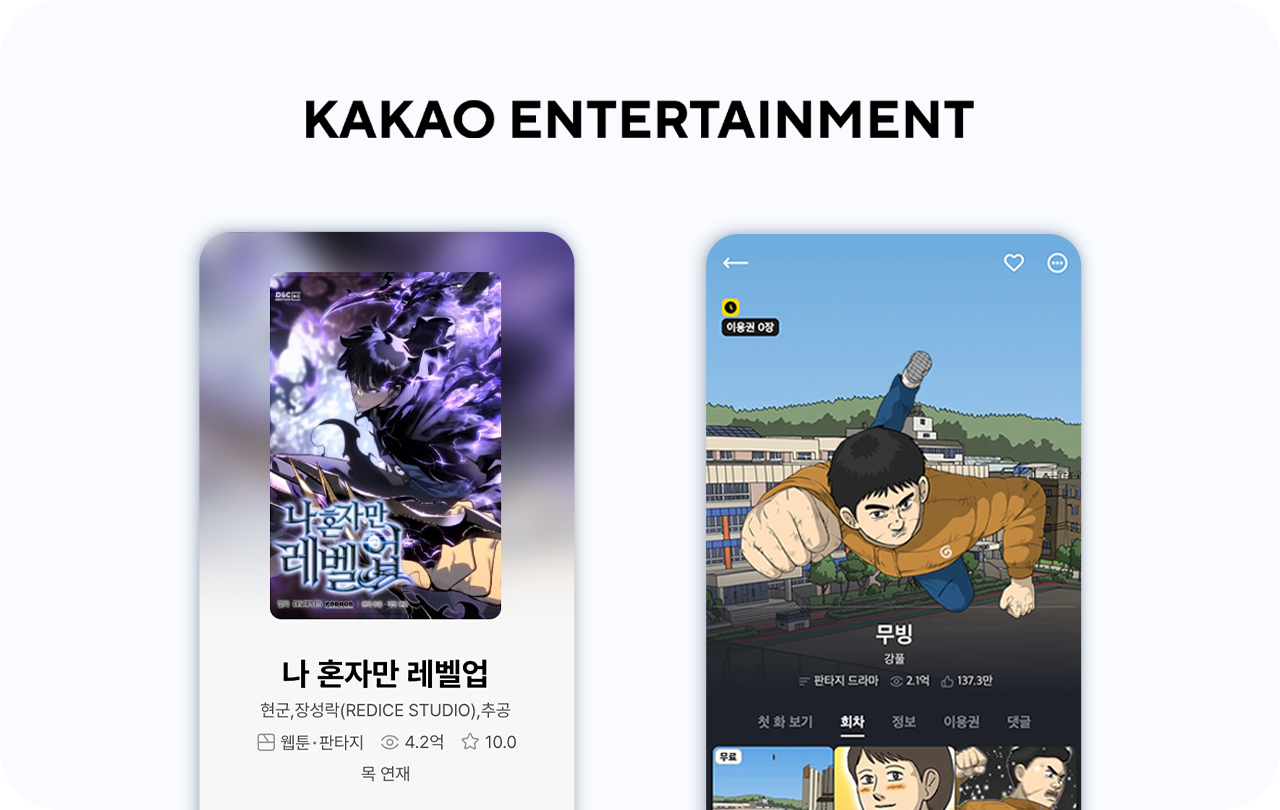 카카오페이지에서 사랑 받은 대표 작품 나혼자만 레벨업과 카카오웹툰의 인기작 무빙의 대표 이미지가 표시되어 있다.