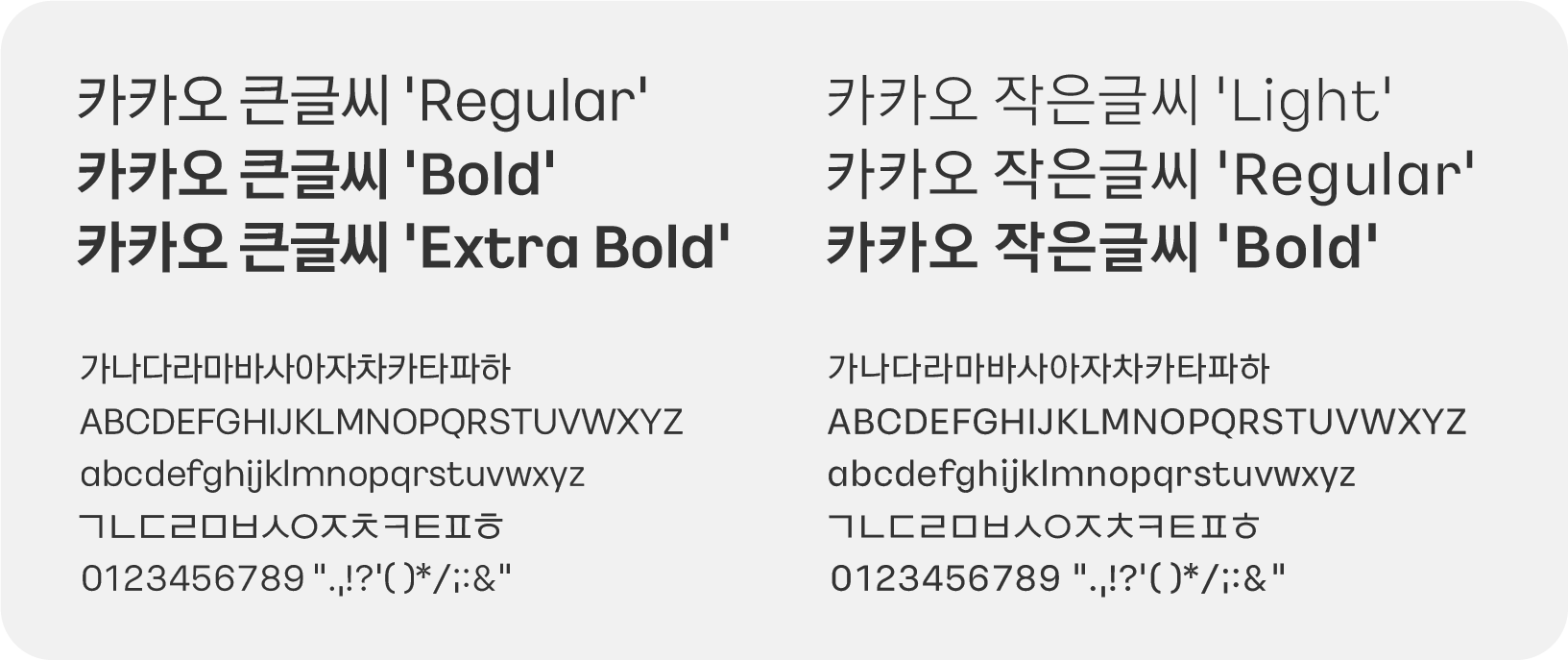 카카오 큰글씨와 작은글씨는 각각 3개의 웨이트로 제작되었습니다.