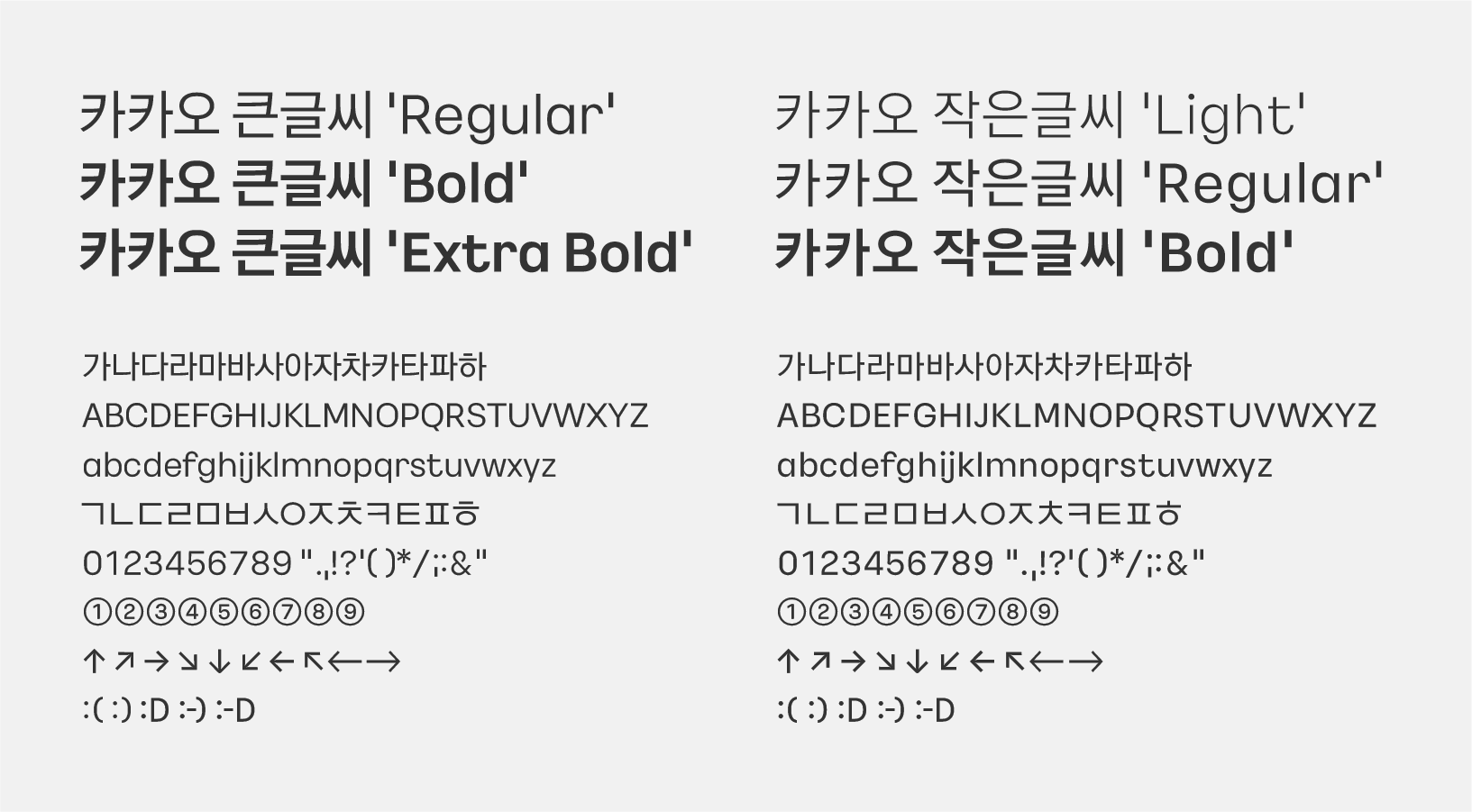 카카오 큰글씨와 작은글씨는 각각 3개의 웨이트로 제작되었습니다.
