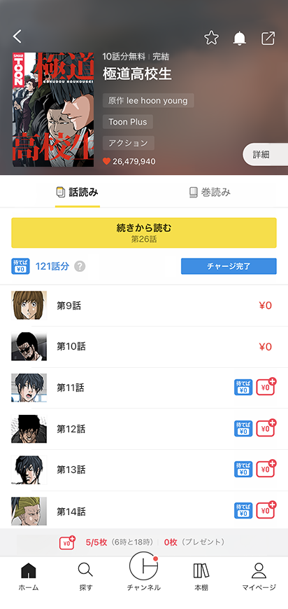 작품에 대한 무료 열람 가능한 시간과 혜택이 나와있는 화면
