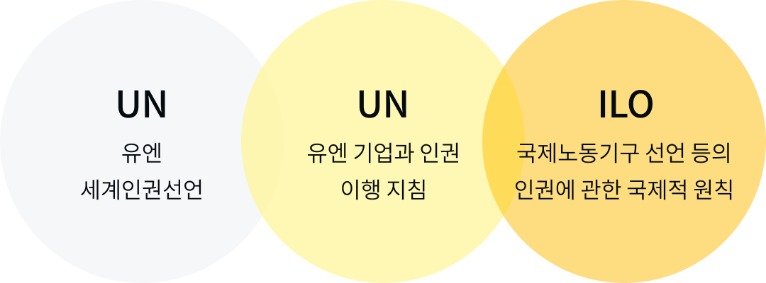 카카오페이가 지지하는 국제적 원칙이 담긴 이미지로, 유엔 세계인권선언, 유엔 기업과 인권 이행 지침, 국제노동기구 선언 등의 인권에 관한 국제적 원칙이 있습니다.