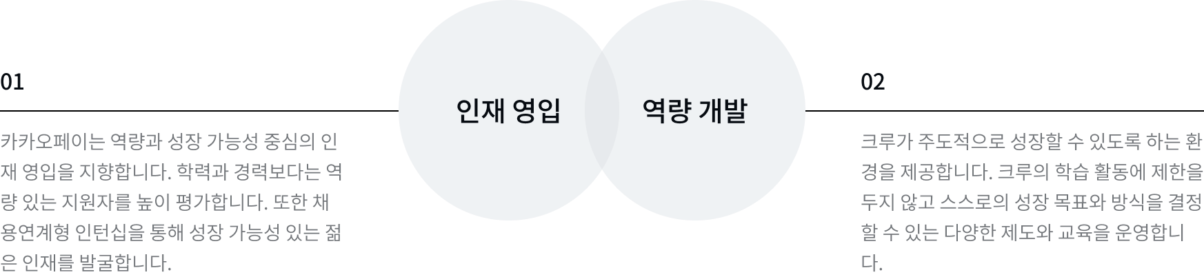 카카오페이 인재 영입, 역량 개발에 대해 설명하는 이미지로, 카카오페이는 역량과 성장 가능성 중심의 인재 영입을 지향하며 크루가 주도적으로 성장할 수 있는 환경을 제공한다는 내용입니다.