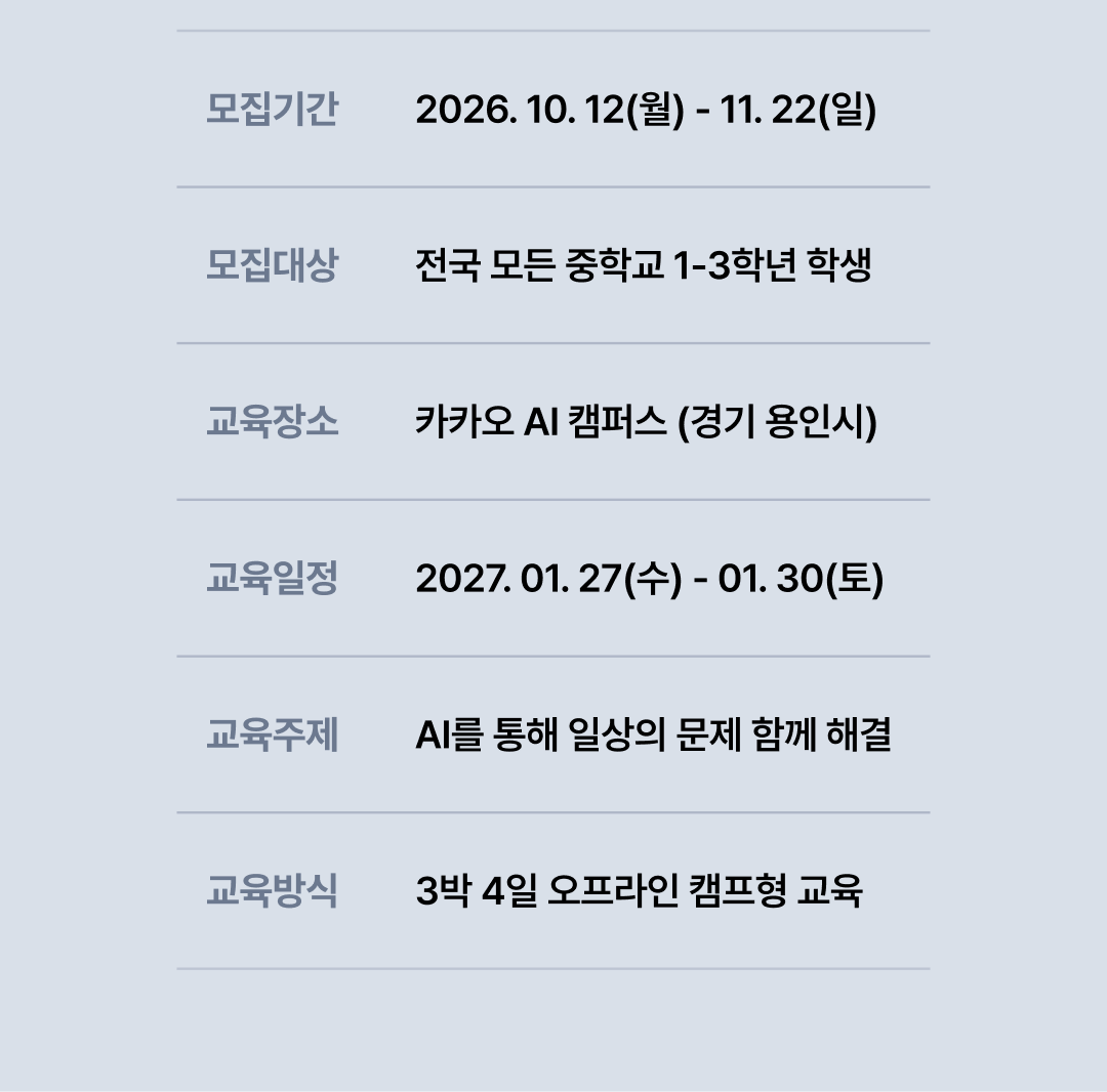 AI 주니어랩 모집요강 영역으로 모집기간, 모집대상, 교육장소, 교육일정, 교육주제, 교육방식 내용이 기재되어 있습니다.