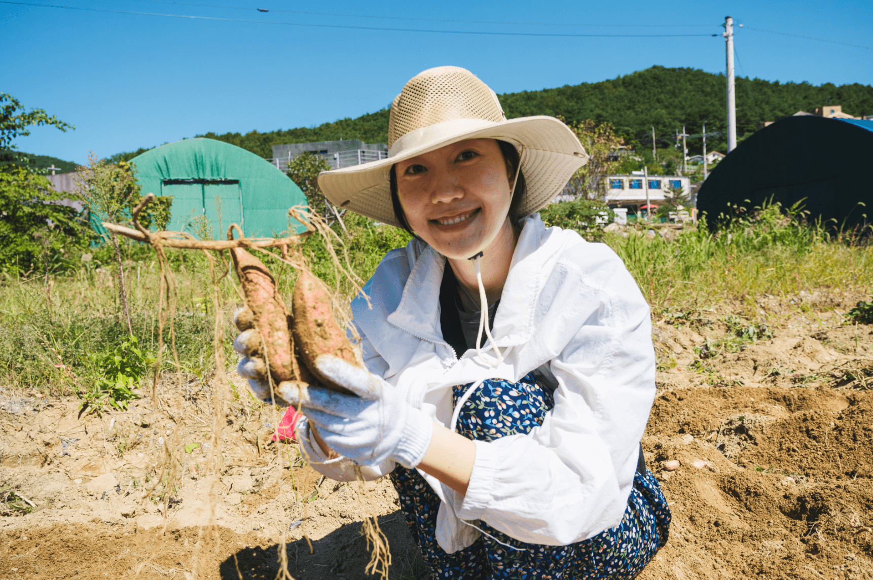 황토색 모자를 쓴 여성이 밝은 표정으로 2개의 고구마를 양손으로 든 채 정면을 응시하고 있습니다.