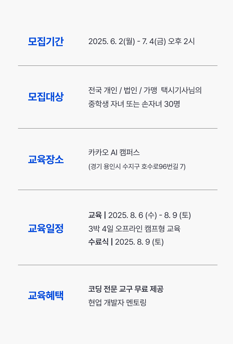 모집기간, 모집대상, 교육장소, 교육일정, 교육혜택이 기재되어 있는 모집요강 부분입니다.