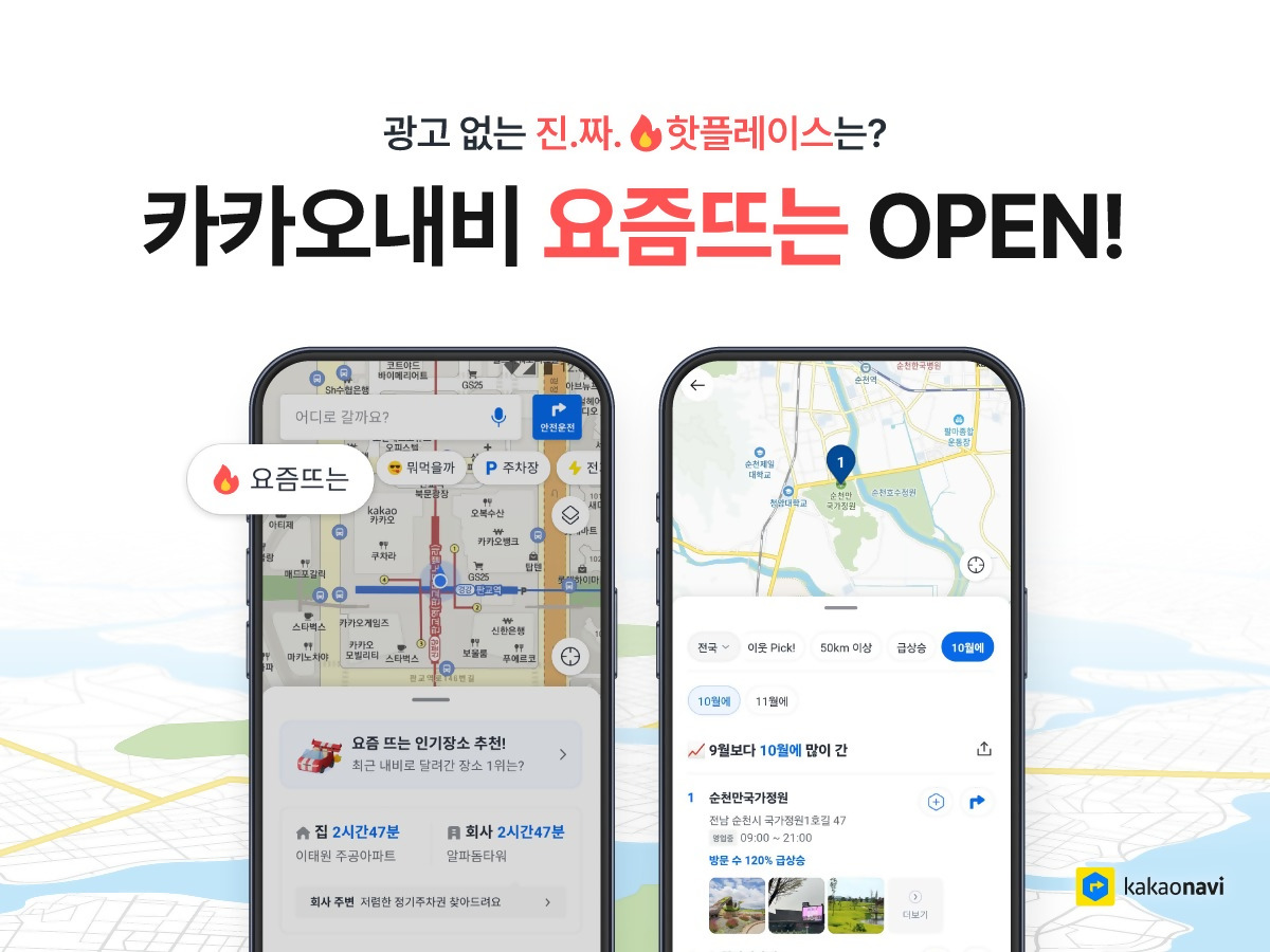 카카오내비 요즘뜨는 서비스 화면으로 좌측 휴대폰에서는 카카오내비 앱 내 요즘뜨는 서비스가 크게 확대되어 보이는 모습이며 우측 휴대폰에서는 요즘뜨는 서비스를 클릭 시 선택한 지역, 월, 거리에 따라 핫플레이스를 보여주고 있습니다.