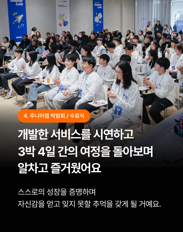 개발한 서비스를 시연하고 3박 4일 간의 여정을 돌아보는 주니어랩 박람회와 수료식이 진행됩니다.