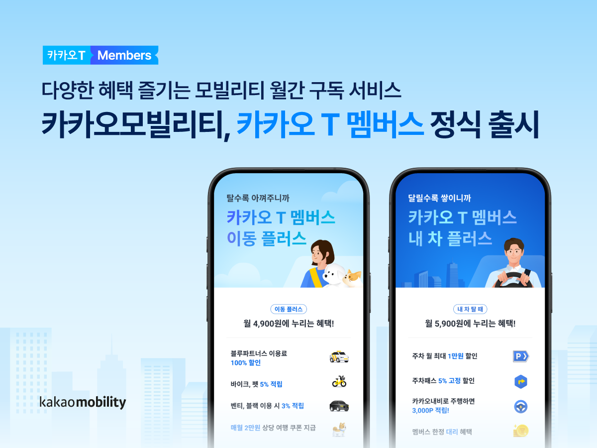 “카카오모빌리티가 월간 구독 서비스 카카오 T 멤버스를 공식 출시했다는 홍보 이미지. 왼쪽에는 ‘카카오 T 멤버스 이동 플러스’, 오른쪽에는 ‘카카오 T 멤버스 내 차 플러스’ 서비스 화면이 스마트폰 모형에 담겨 있다.