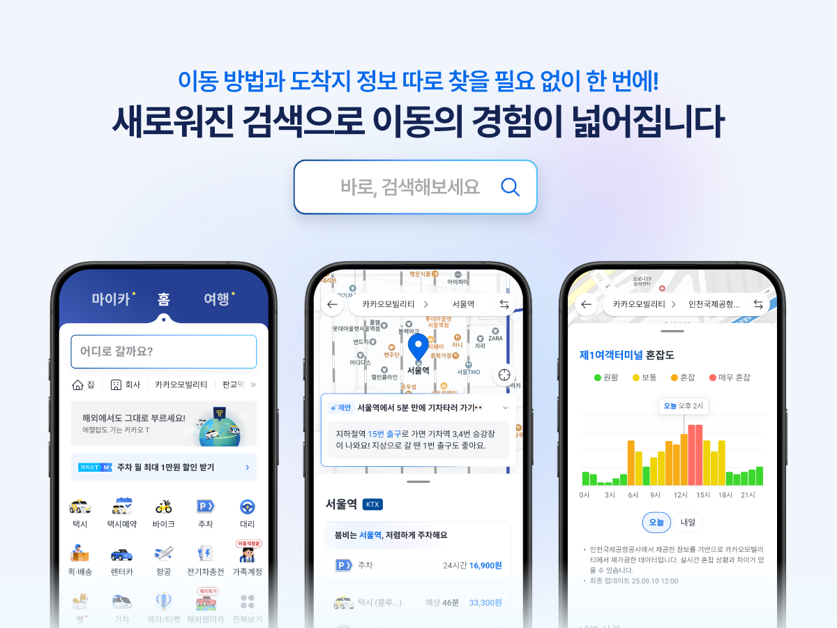 이동 방법과 도착지 정보 따라 찾을 필요 없이 한번에! 새로워진 검색으로 이동의 경험이 넓어진다는 문구와 함께 새로워진 통합검색 서비스를 소개하는 이미지이다.