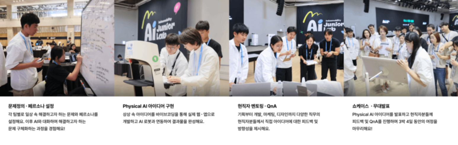 AI 주니어랩 캠프에서 배우는 내용이 담긴 이미지로 문제정의, 페르소나 설정, 피지컬 AI 아이디어 구현, 현직자 멘토링, 쇼케이스 등이 진행됩니다.