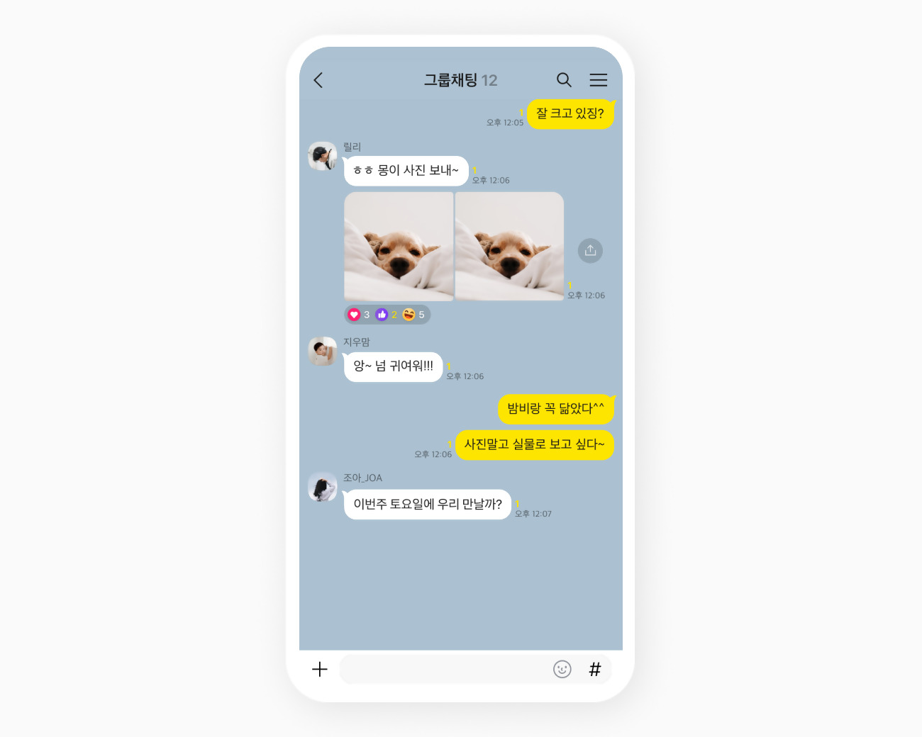 단체 채팅방에 보내진 강아지 사진에 공감 스티커가 달린 모습