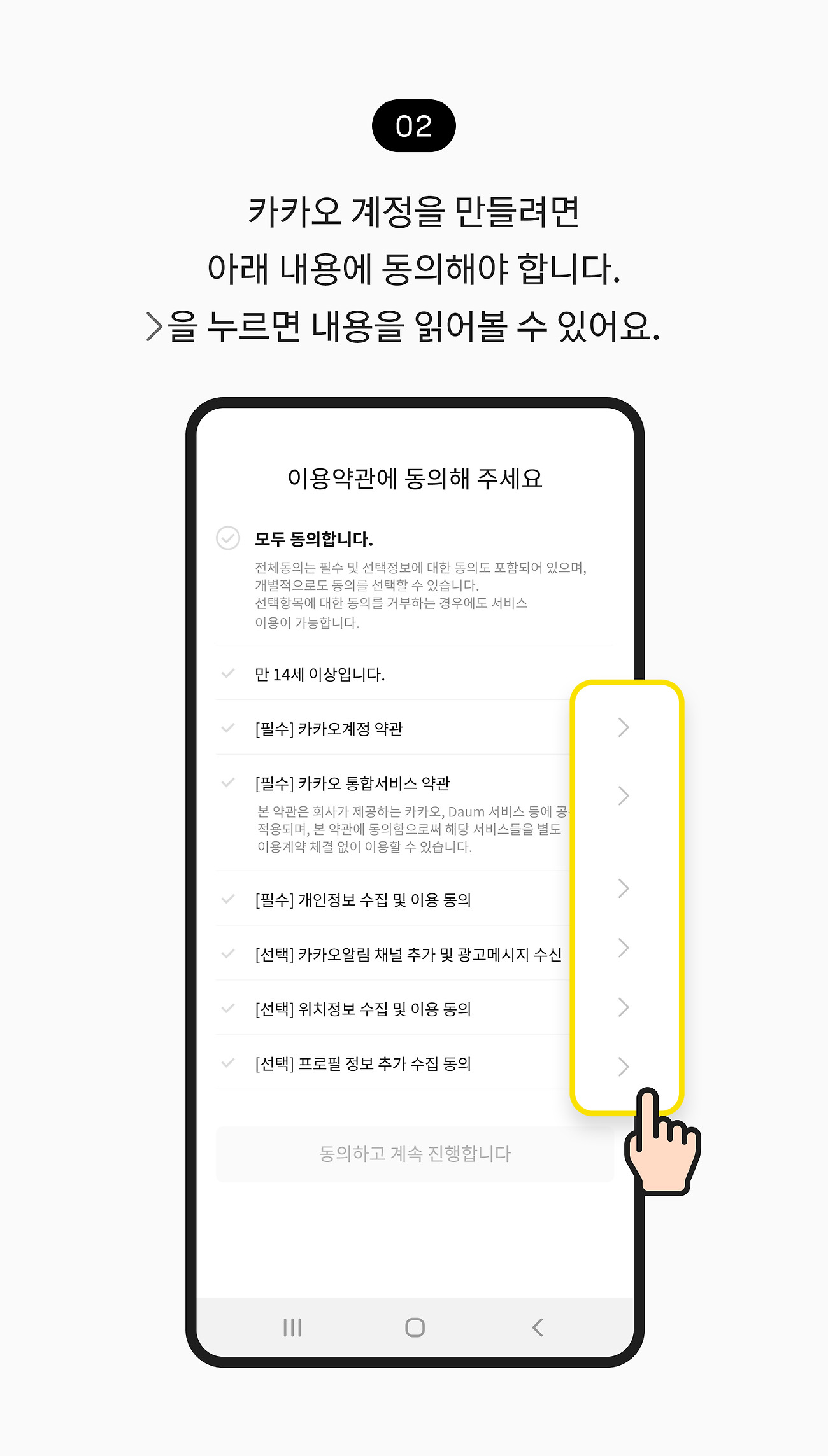 카카오 계정 만들기 02. 카카오 계정을 만들려면 아래 내용에 동의해야 합니다. 각 항목을을 눌러 내용을 확인하세요.