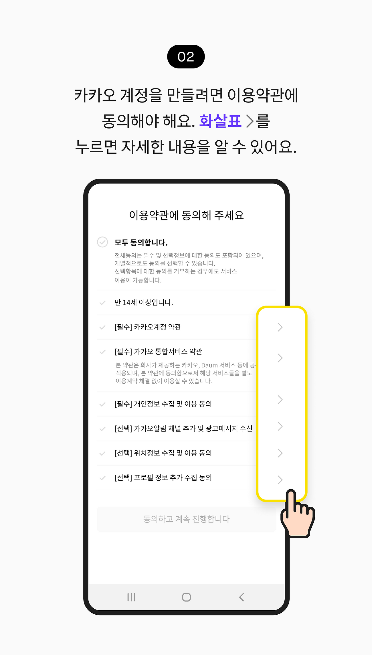 카카오 계정을 만들려면 이용약관에 동의해야 해요. 화살표를 누르면 자세한 내용을 알 수 있어요.