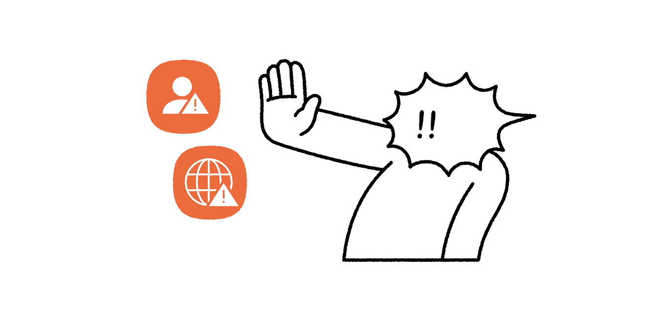 느낌표 모양 눈을 가진 캐릭터가 주황색 프로필 이미지를 손으로 막고 있는 그림