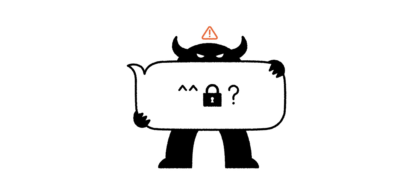 머리 위에 뿔을 가진 악마 캐릭터가 웃음 기호, 자물쇠 모양, 물음표가 써진 메시지 창을 들고 있는 그림
