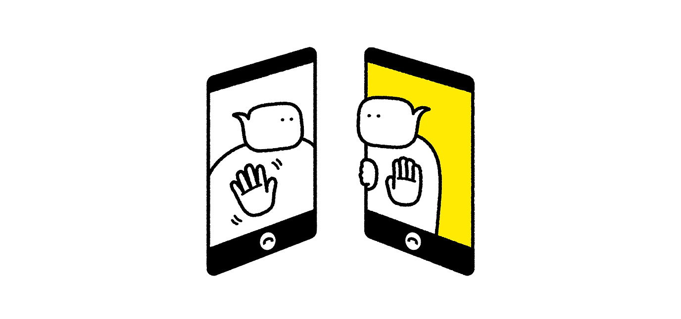 두 개의 핸드폰 화면이 마주보듯 놓여 있고, 그 화면 안에 있는 캐릭터끼리 서로 인사하는 그림