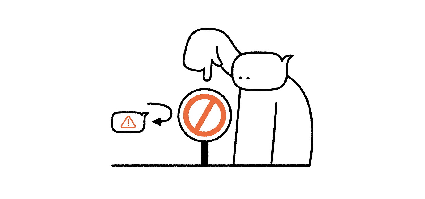 캐릭터가 금지 표지판을 가리키는 그림