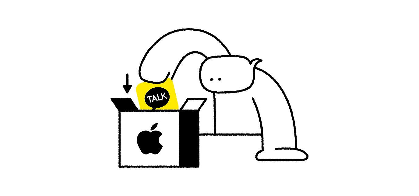 캐릭터가 아이폰 로고가 그려진 상자에 카카오톡 아이콘을 넣는 그림