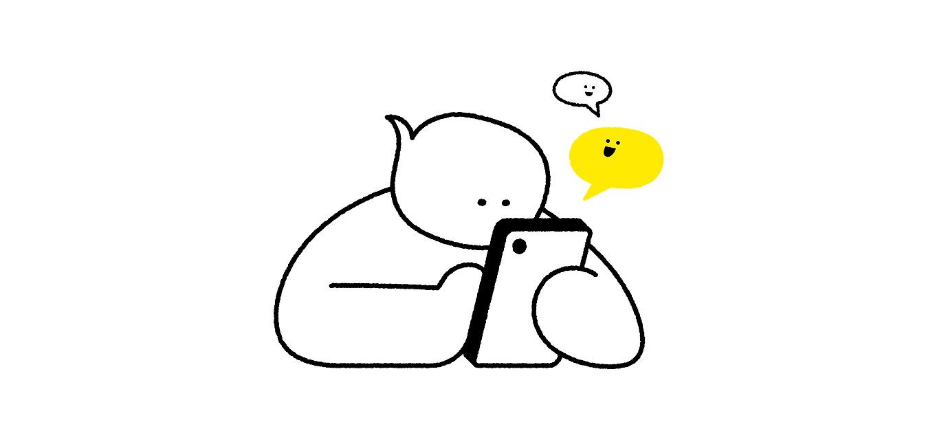 캐릭터가 핸드폰 화면을 보고 있고, 핸드폰 주변으로 메시지 창이 떠다니는 그림