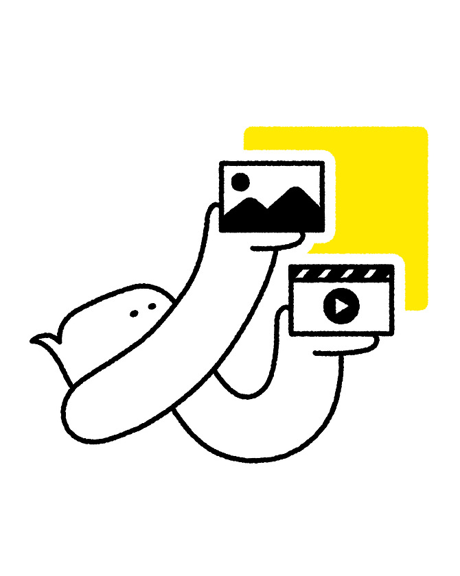 캐릭터가 메시지 창에 사진과 동영상을 보내는 그림